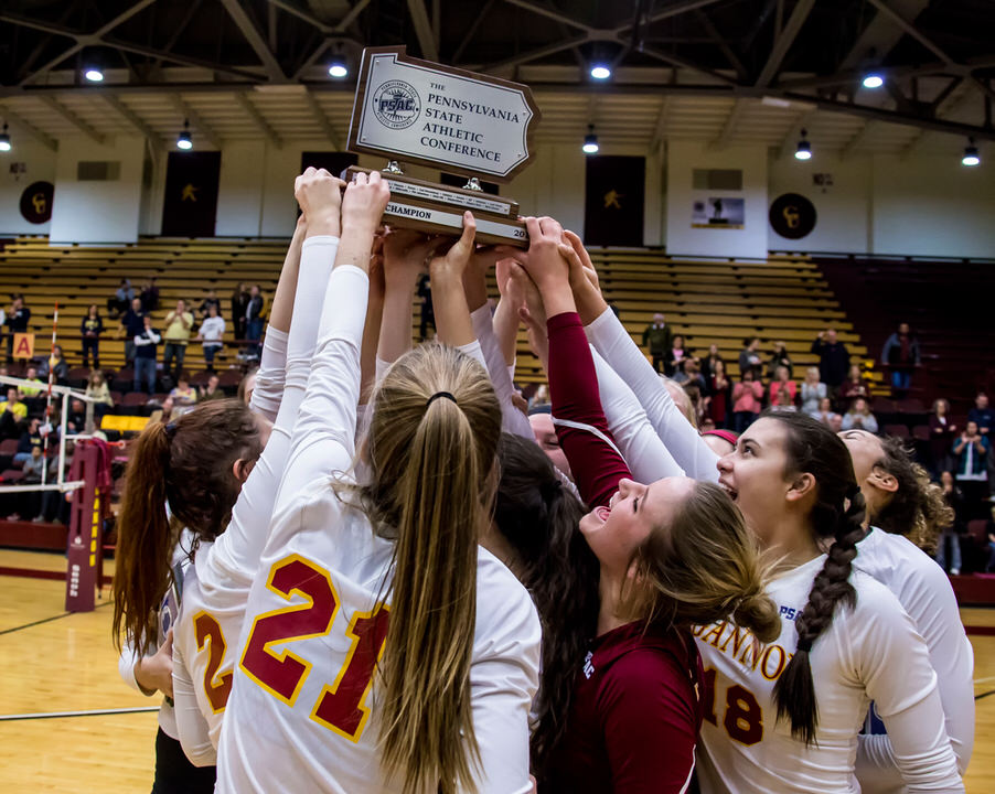 Gannon University's women's volleyball team with PSAC championship trophy
