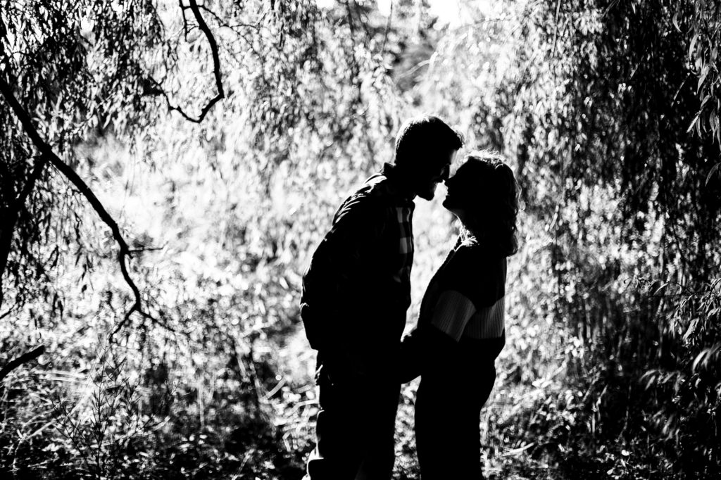 Couple touches noses among trees during Frontier Park engagement photos session in Erie, PA